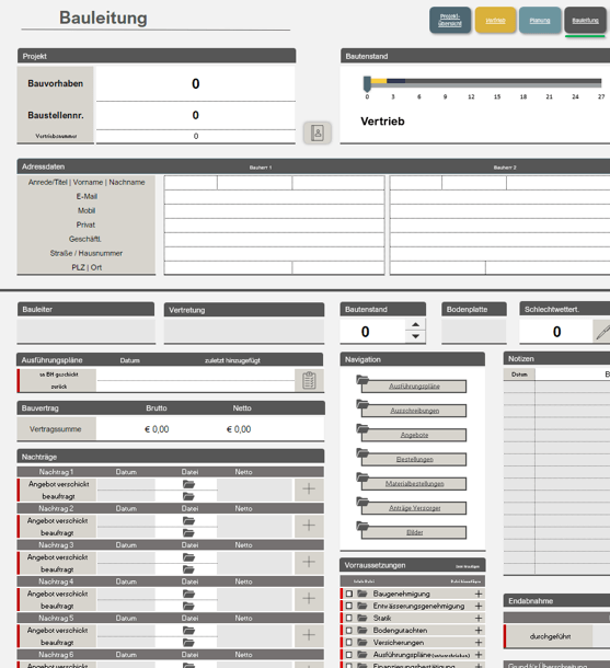 Übersicht Bauleitung, umfangreiche Projektplanung mit Excel