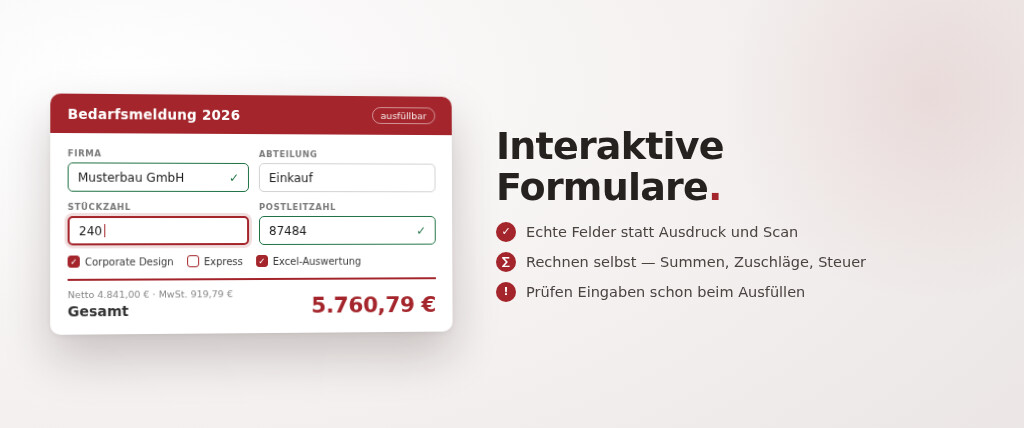 Interaktives Formular mit ausgefüllten Feldern, Eingabeprüfung und automatisch berechneter Summe
